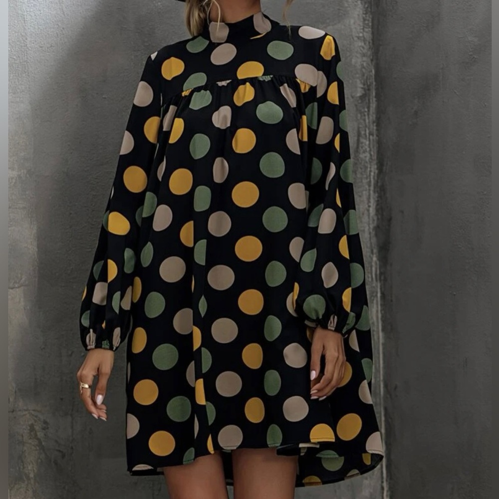 Polka Dot Tie Back Bishop Sleeve Babydoll Dress